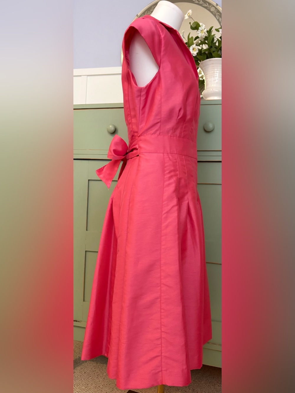 Kasper Hot Pink Classic Fit & Flare Dress w Tailored Princess Seams & Sash Sz 8 - Picture 5 of 15